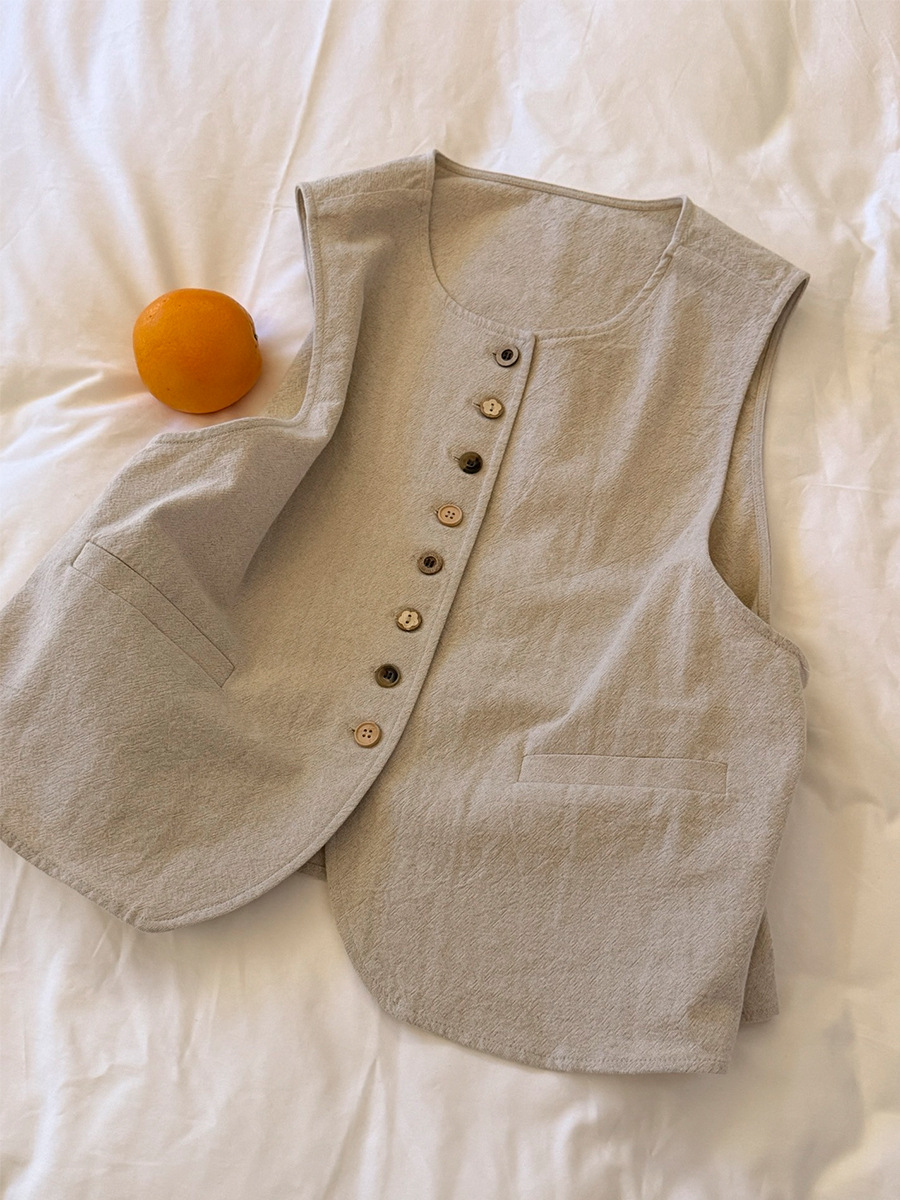 Spring-Style Cotton and Linen Women's Vest, New Chinese-Style Artistic Old Money Style Loose Cardigan