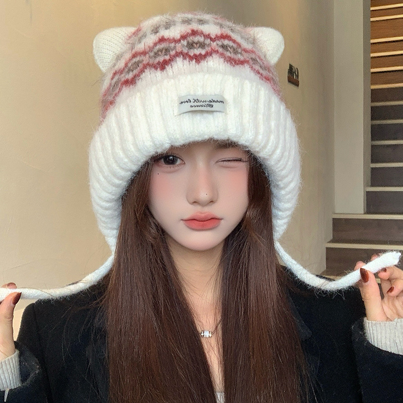 Winter Cute Cat Ear Knit Hat, Fair Isle Style, Fleece-Lined Warm Hat for Women, Korean Style Beanie, Trendy Knit Hat