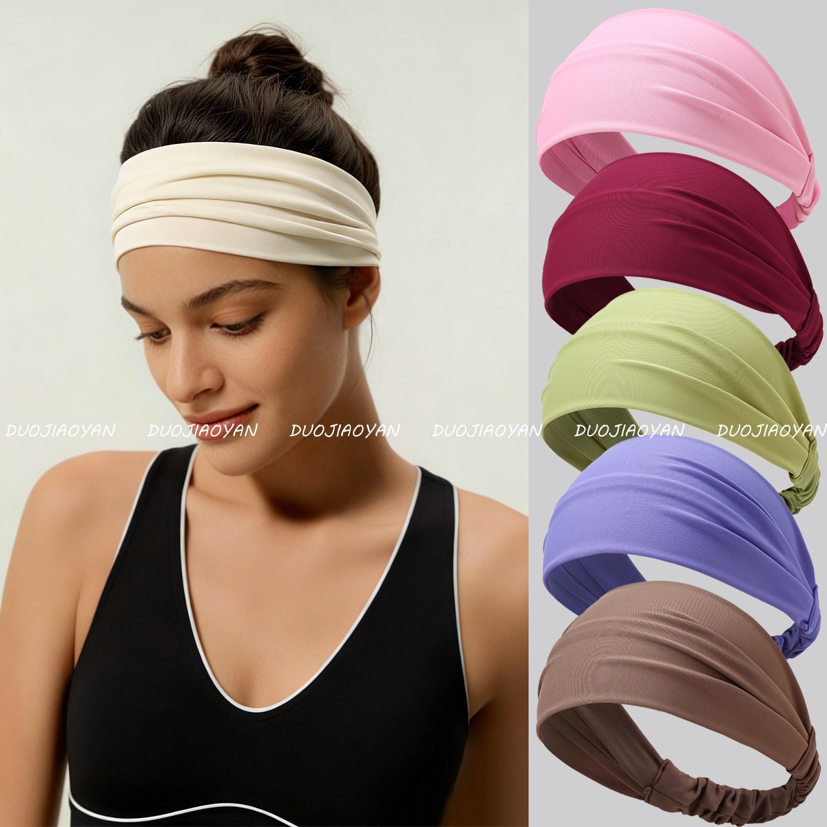 European and American Style Simple Solid Color Sports Headband with Wide Elastic Band, Sweat-Absorbing Headscarf, Breathable Quick-Dry Yoga Fabric