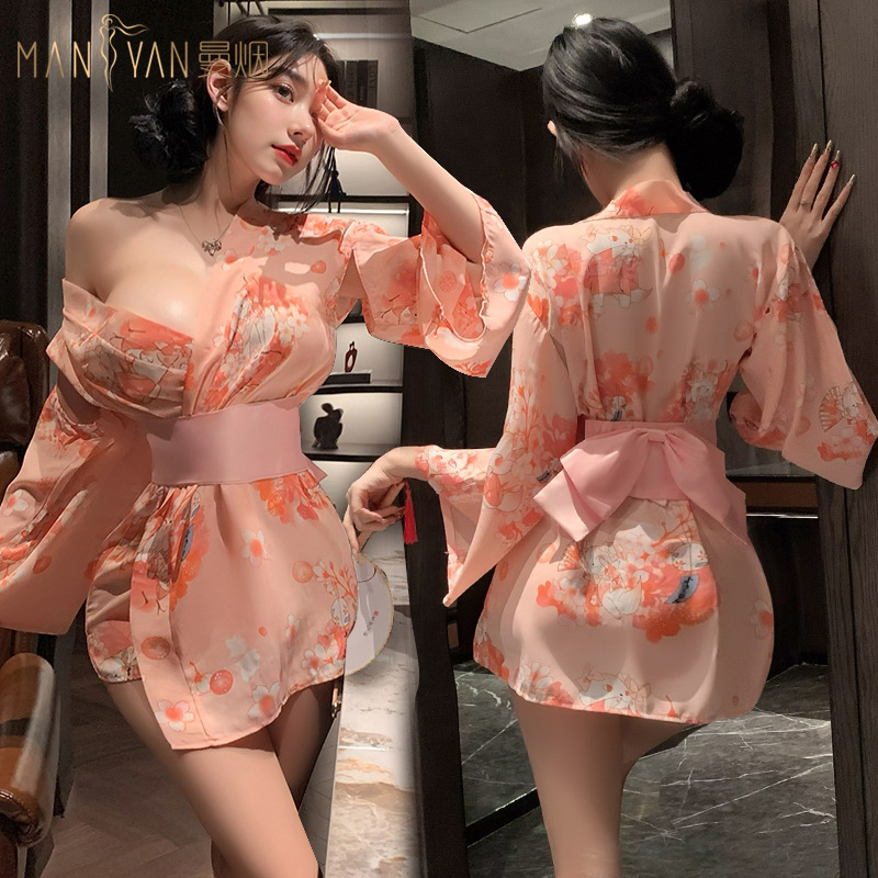 Manyan sexy lingerie women's Japanese sexy printed cat bow kimono bathrobe uniform suit generation hair 9726