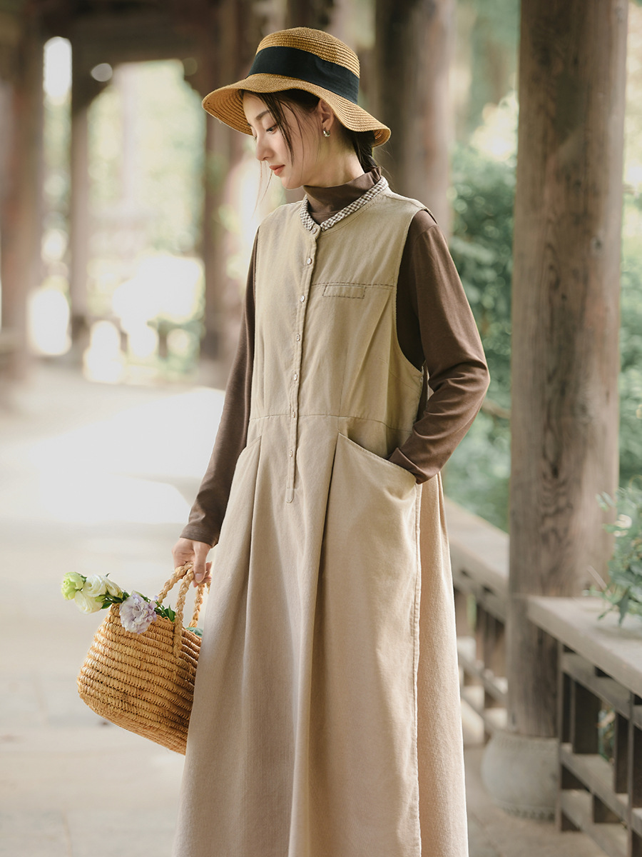 Literary Women's Clothing 2025 Autumn and Winter New Sleeveless Dress High-End Corduroy A-Line Women's Long Skirt Wholesale