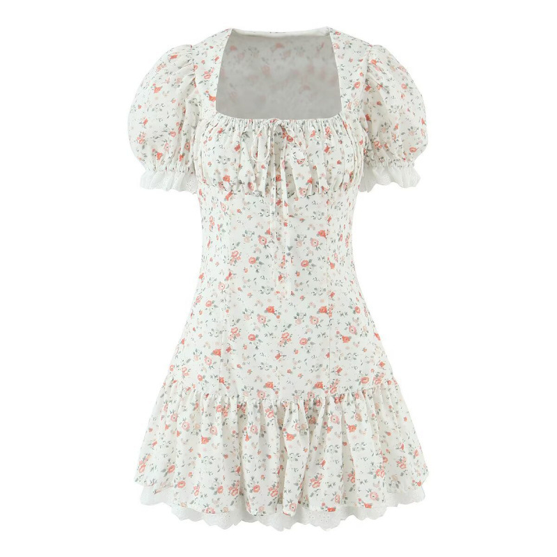 Cross-Border Women's Clothing Manufacturers Wholesale 2026 New European and American Style French Romantic Lace Splicing Printed Short-Sleeved Dress