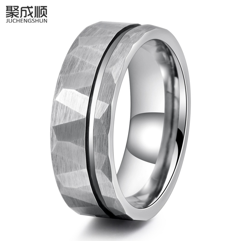 European and American Tungsten Men's Flat Hammered Pattern Ring Fashion Ol Gold High-End Tungsten Steel Jewelry 8mm Wide Ring