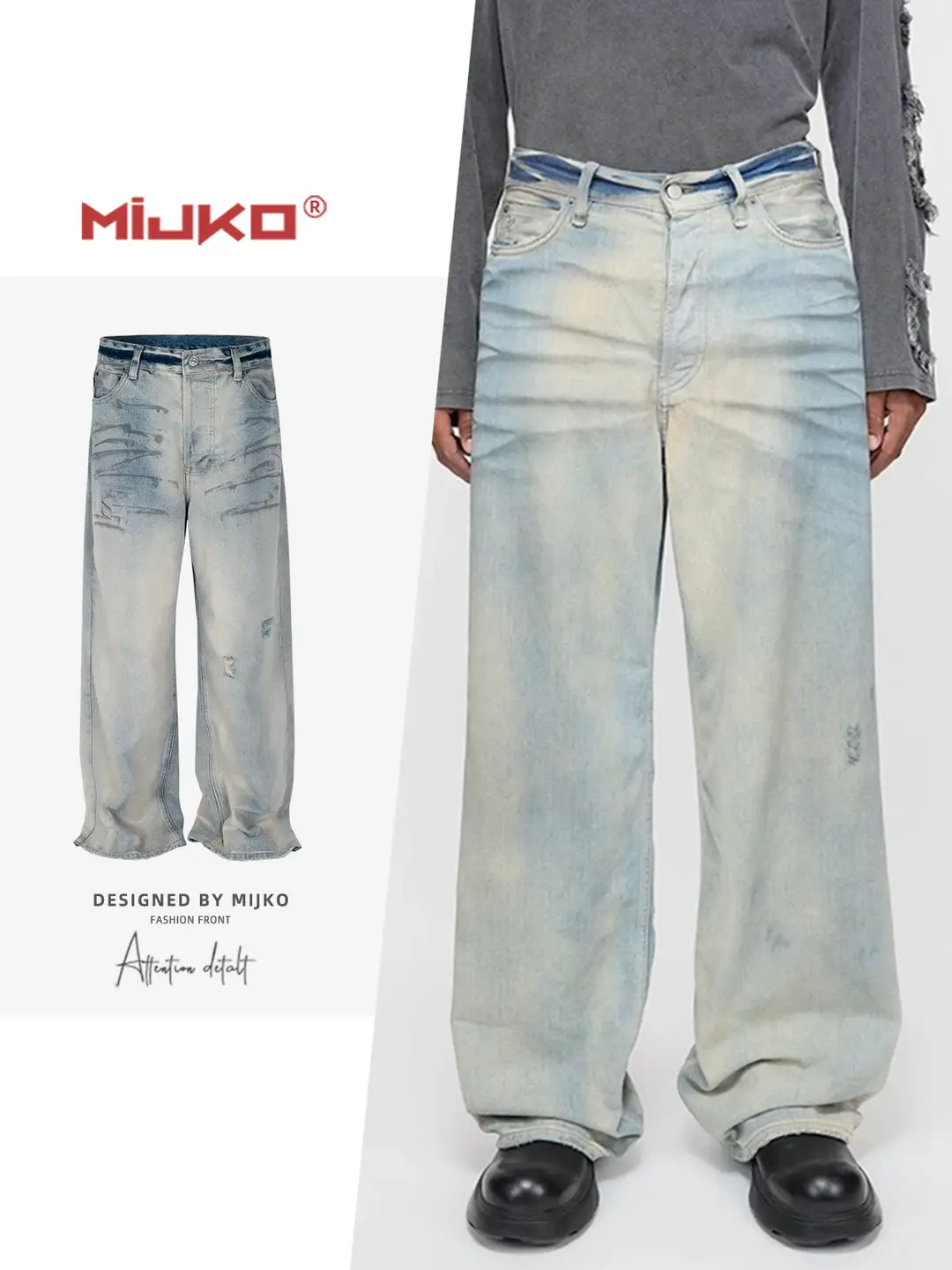 MIJKO Men's Wear Women's 1981M Ripped Cat-whisker Jeans Men's and Women's Straight-tube Slim-fit Washed Old Trousers Trendy