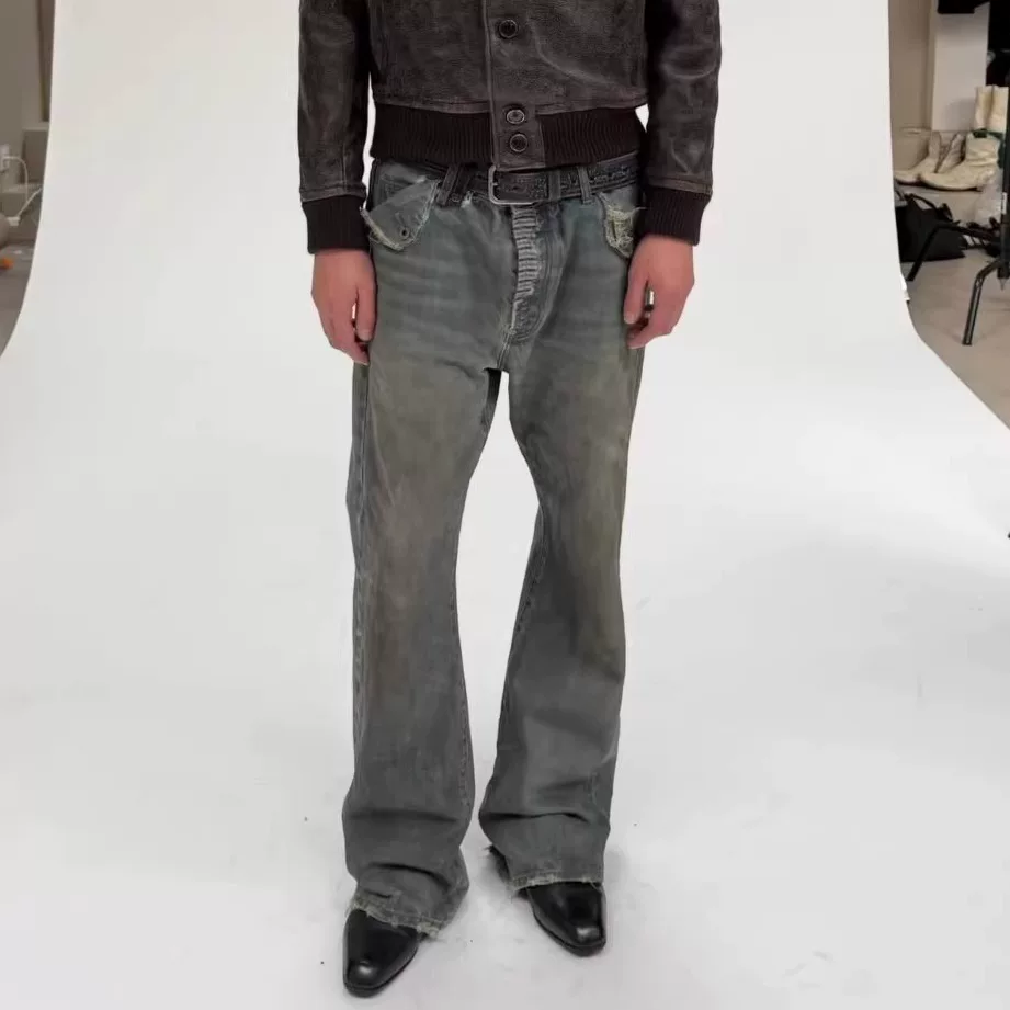 BMC Nofaith Heavy Industry washed, splashed ink, drawstring patch damaged, spliced straight leg jeans with red edges and red ears