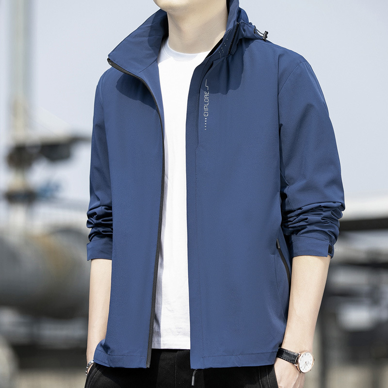 2024 Spring and Autumn New Men's Jacket Men's Youth Outdoor Waterproof Zipper Hooded Jacket Solid Color Jacket