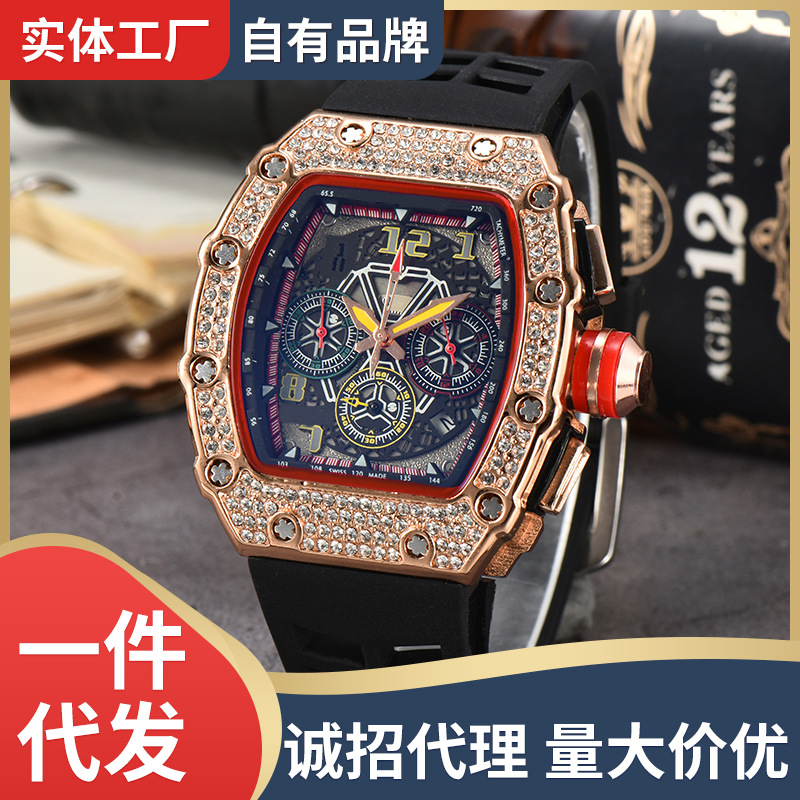 Hengbolong Quartz Watch Men's Foreign Trade Cross-border Explosions Wine Barrel Diamond Watch Six-pin Multifunctional Running Seconds Watch