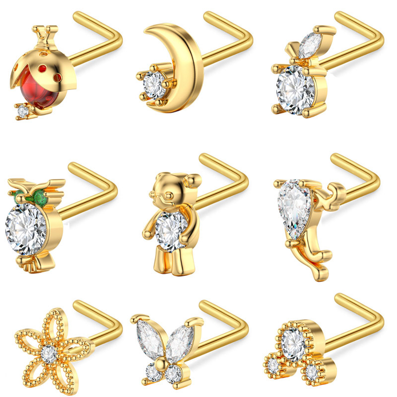 European and American new hot push L rod Beetle AAA zircon nose stud nose ring ear studs piercing jewelry manufacturer in stock hair