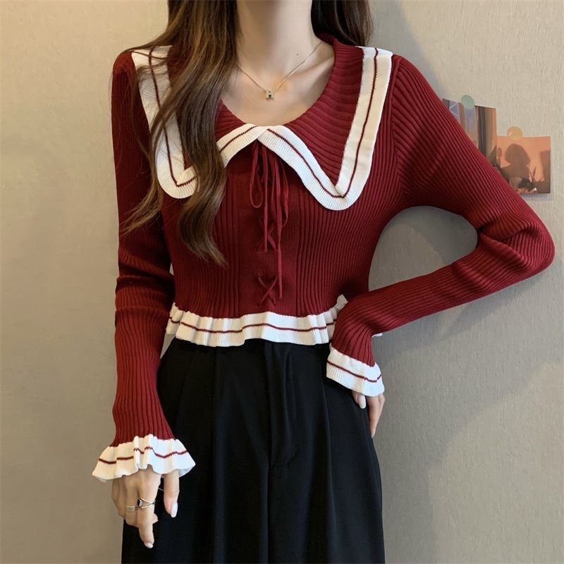 French-Style Unique Doll Collar Red Base Knit Sweater for Women, 2026 Spring and Autumn New Soft Short Sweater Top