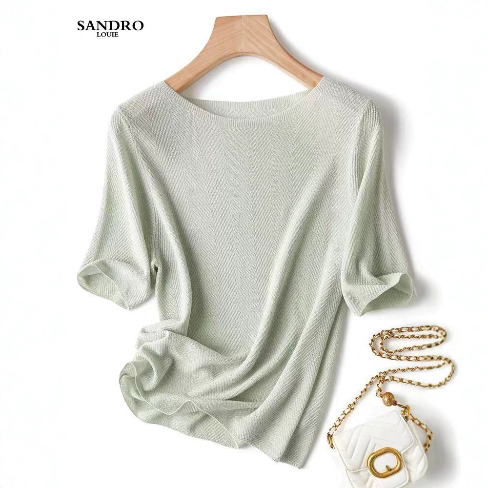 High-End Slim-Fit Five-Quarter Sleeve Round Neck Base Shirt for Women, Elegant Knitwear, Versatile Thin Knit T-Shirt, Stylish Top