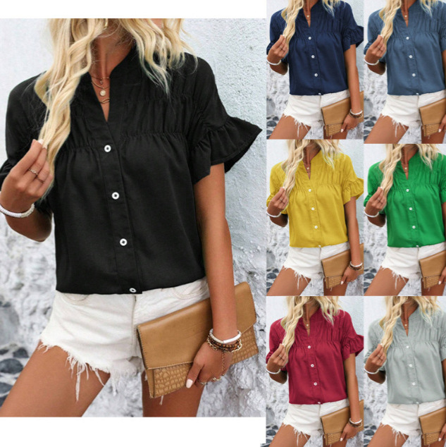 2026 European and American Foreign Trade Women's Clothing Amazon Casual Short-Sleeved Pleated Shirt with Buttons Solid Color Cotton and Linen Stand-Up Collar Shirt for Women