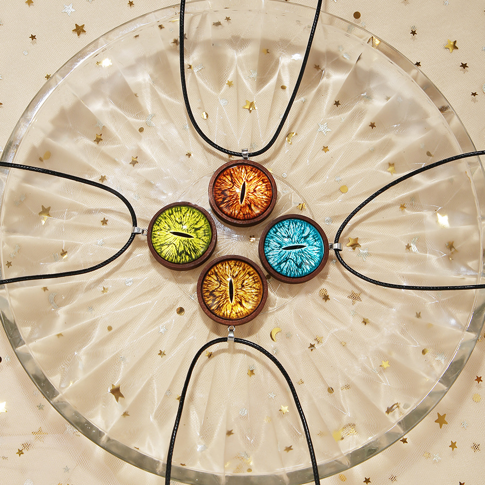 Cross-border New Style Wax Line Devil's Eye Sweater Chain Retro Punk Time Gem Eye Necklace Wood Pendant