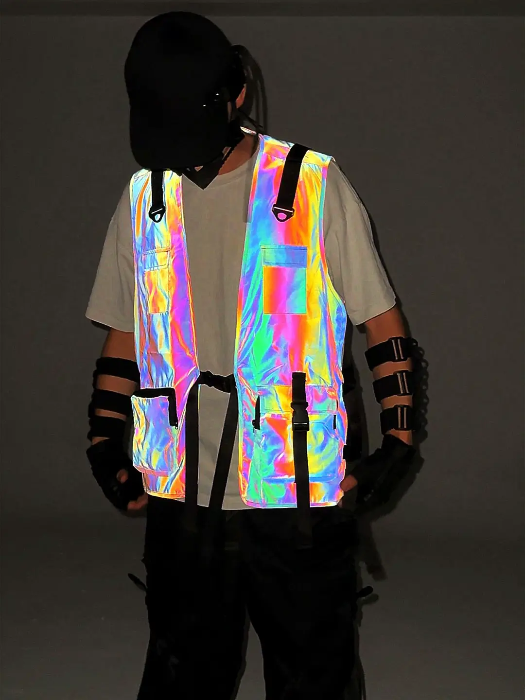 Multi-Pocket Colorful Reflective Functional Jacket Men's Trendy Hip-Hop Work Vest Outdoor Cycling Large Size Casual Vest