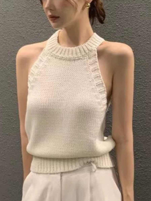 French-Style Sexy Halter Neck Off-Shoulder Knit Tank Top for Women, Summer White Slim-Fit Slimming Sleeveless Top for Layering or Outerwear