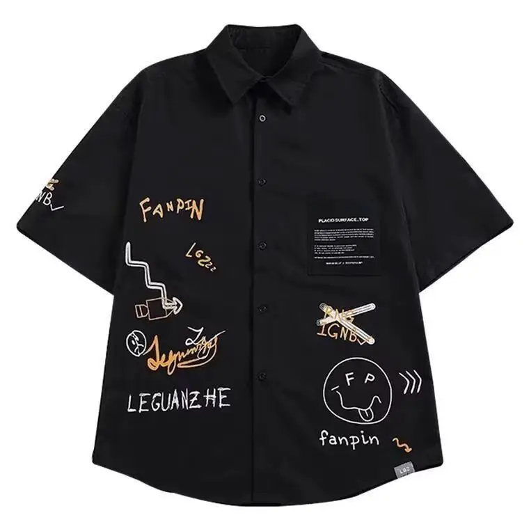 2023 Summer new men's ins Hong Kong style graffiti shirt student trendy short sleeve shirt men's loose casual