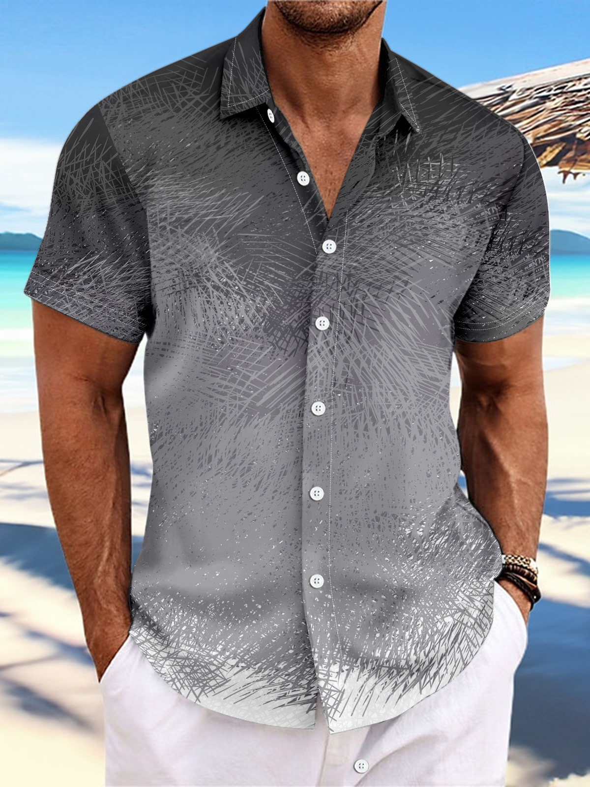 2024 European and American cross-border Amazon new striped gradient printed top lapel fashion short sleeve shirt