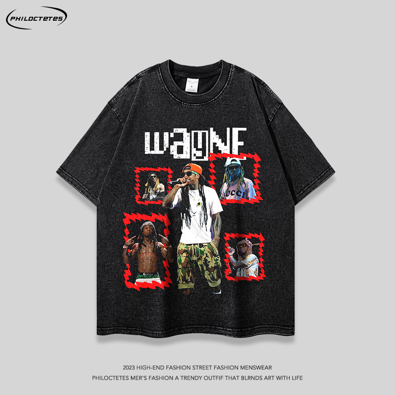Hip hop retro distressed rapper round neck T-shirt men's and women's European and American street fashion brand T-shirt cross-border