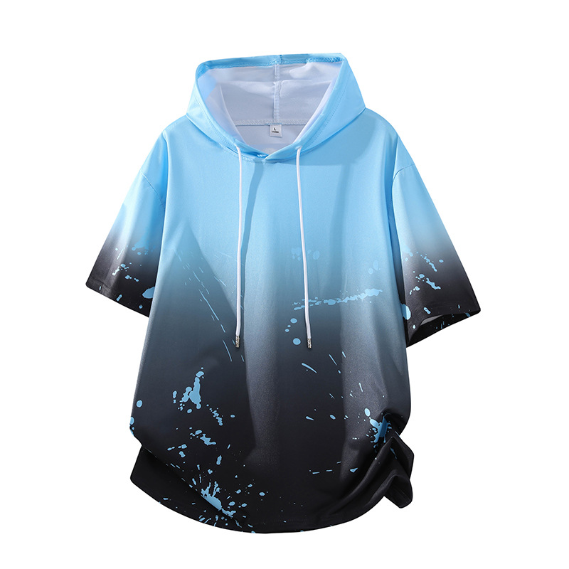 Hooded Short-Sleeved T-Shirt for Men, Summer Thin Style, Casual Sports 2026 New Style, Loose Gradient Color Half-Sleeved T-Shirt Trendy