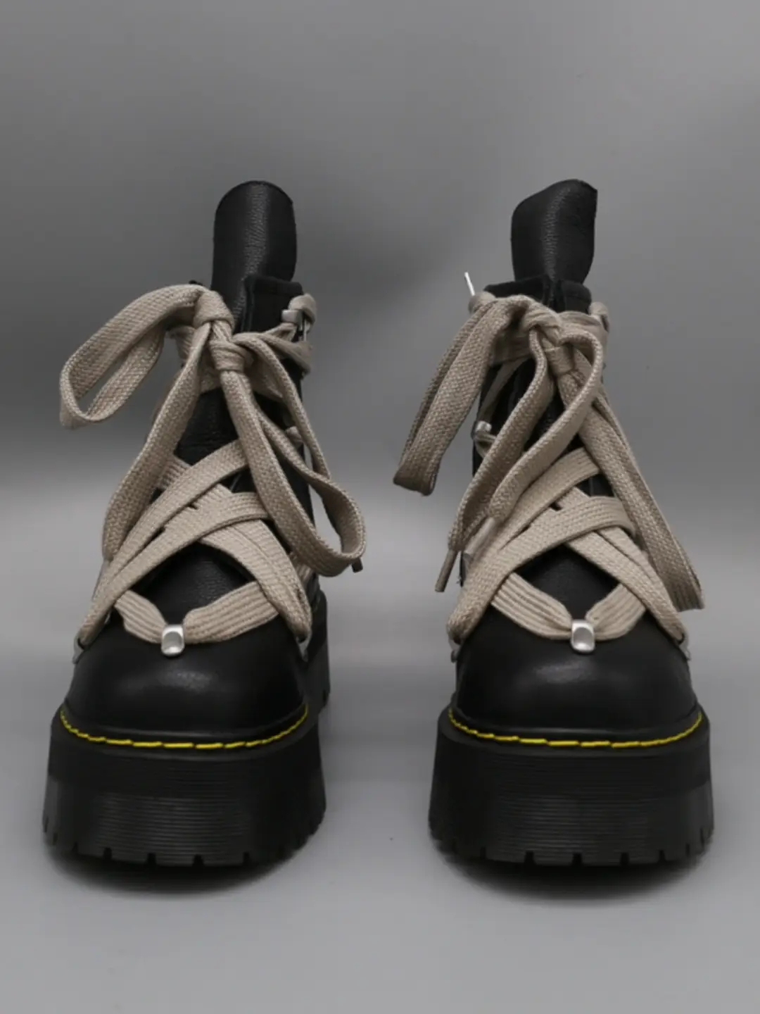 R Pentagram O Boots Wide Shoelaces Black Round Toe Strap Thick Sole External Height Increase Men's and Women's Short Boots First Layer Cowhide
