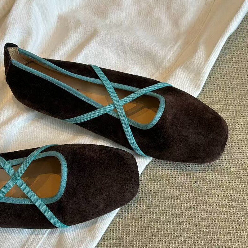 In Stock~French-Style Cross-Strap Ballet Shoes for Women, Summer Retro Color-Blocking Velvet Shallow-Mouth Flats, Export Flat Shoes