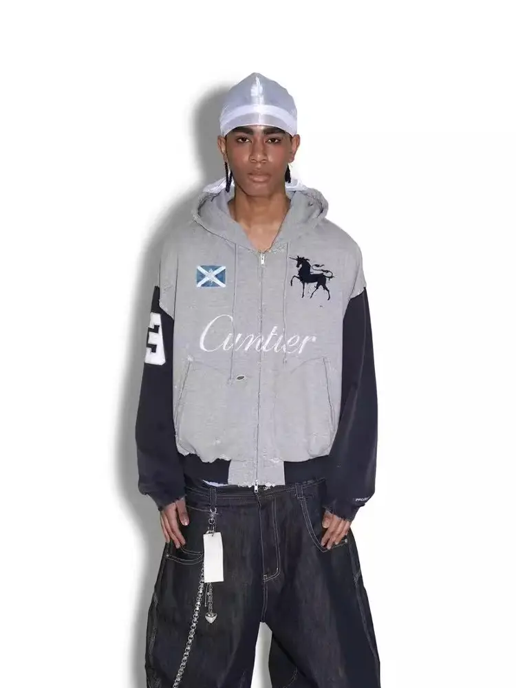 Overseas OEM】Grailz Project GR do old destruction vintage embroidery war horse zipper hoodie jacket