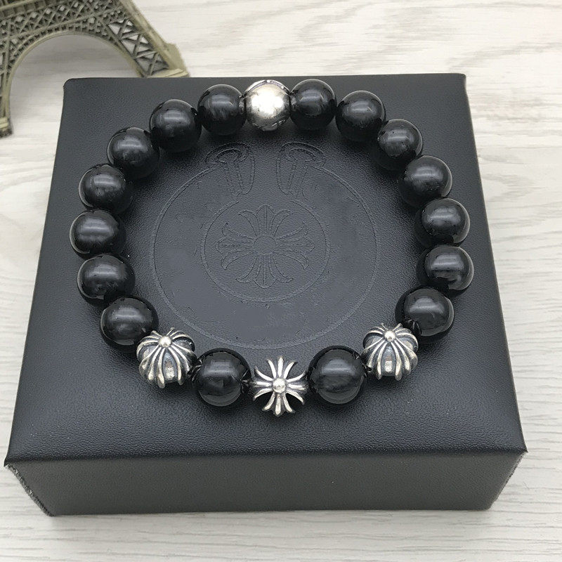 S925 Sterling Silver Bracelet for Men, Trendy Fashion Retro Thai Silver Unisex Couple Black Agate Round Bead Cross Bracelet Trendy Jewelry