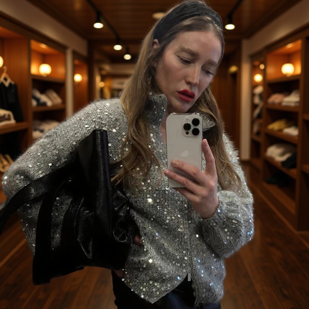 2025 Autumn/Winter New European and American Style Sequin Cardigan Solid Color Long Sleeve Sweater Women's Knitted Sequin Cardigan