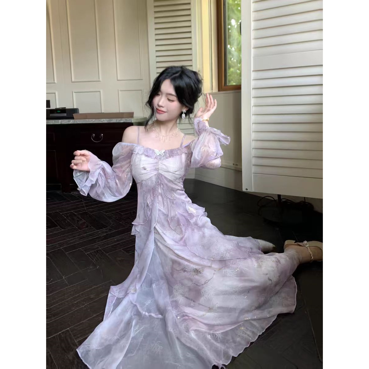 Temperament fairy purple faint fairy butterfly ruffled long sleeve dress art retro Chinese style 2025