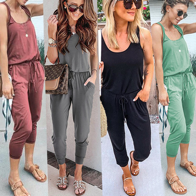 Cross-border new hot sale 4 colors 2023 summer fashion strap lace-up pocket women's jumpsuit 101166