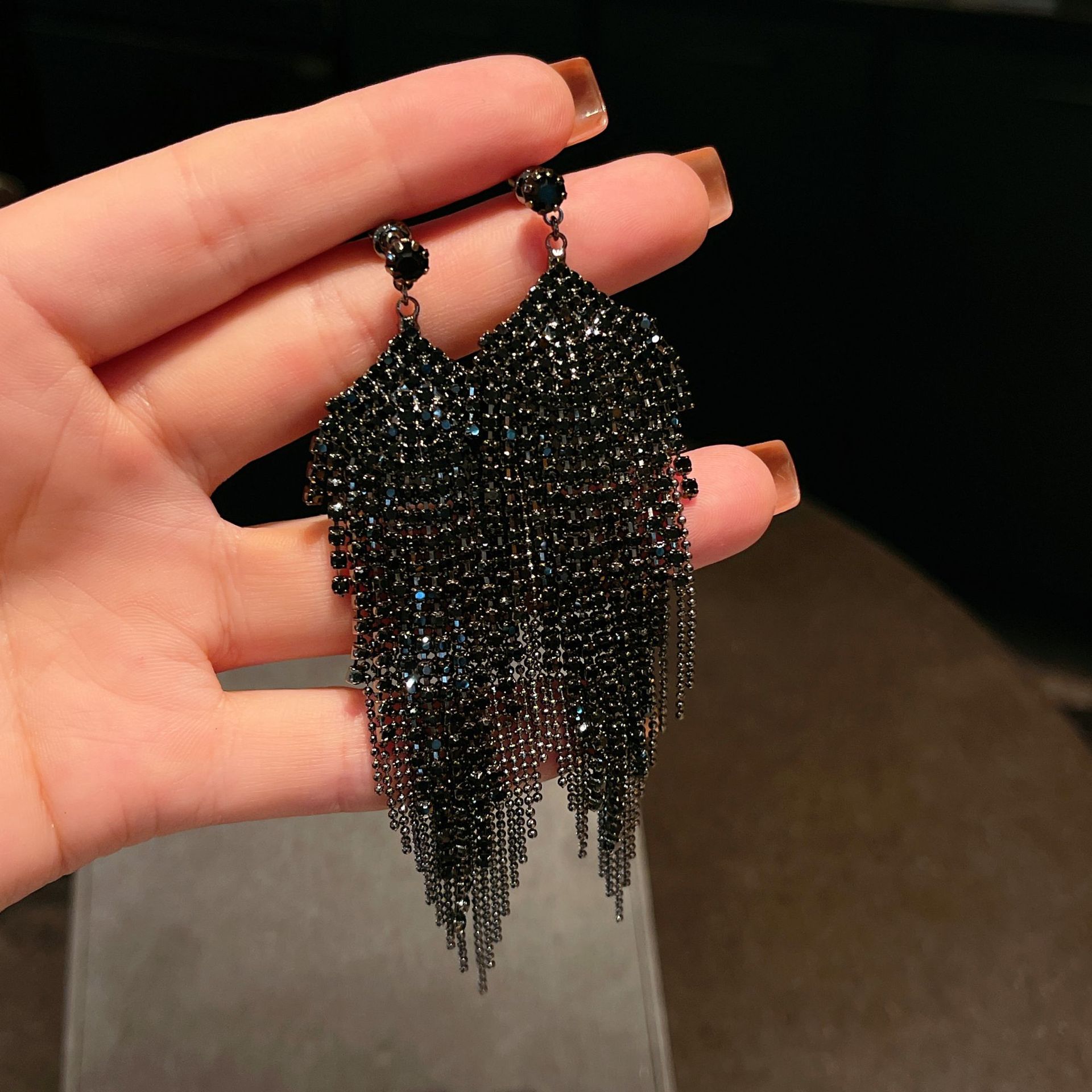 Electroplated Silver Needle High-End Heavy-Duty Earrings with a Unique Exaggerated Design, Full Diamond Waterfall Tassel Long Earrings, Elegant Wholesale Chain Earrings