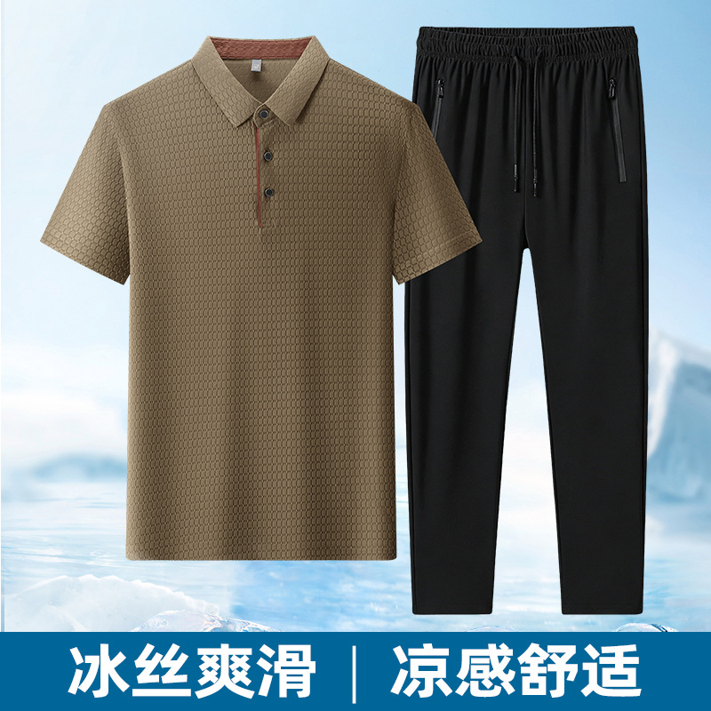 Diyu Shenlong Short-Sleeved Polo Shirt for Men, Summer Middle-Aged and Elderly Dad's Wear, T-Shirt and Long Pants, Business Casual Two-Piece Set for Men