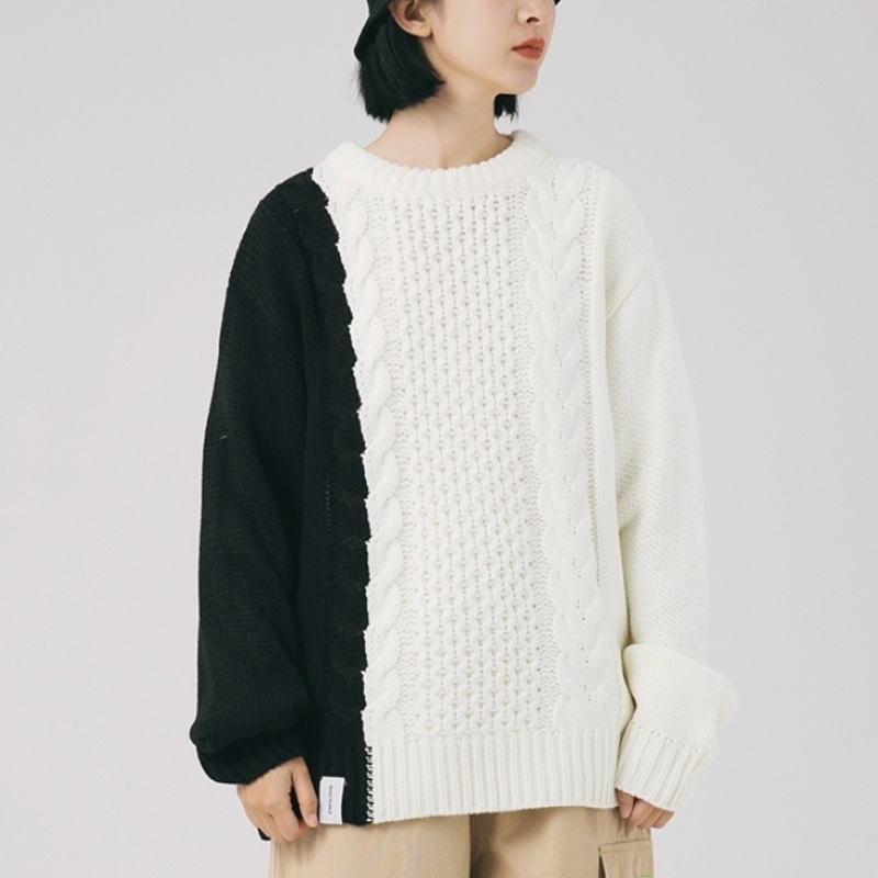 Spring and Autumn simple color matching sweater fashion brand couple twist pullover sweater loose contrast color stitching sweater