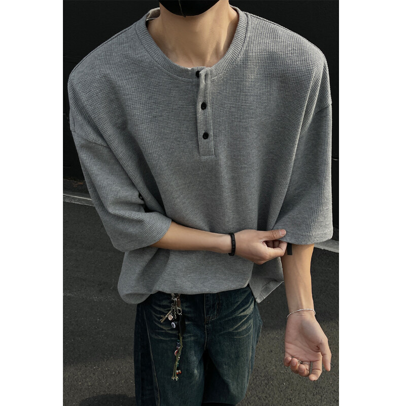 American-style Henry Collar Waffled Short-sleeved T-shirt Men's Summer Heavy-weight Retro Loose Casual plus size Half-sleeved T-shirt T