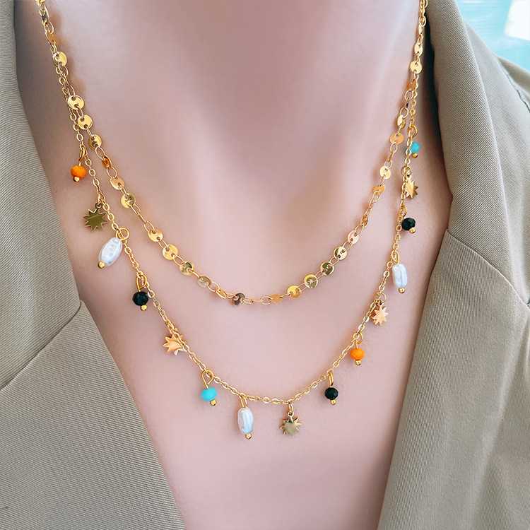 European and American personalized jewelry round bare chain geometric Pearl Awn star small bulb clavicle necklace female titanium steel 18K gold
