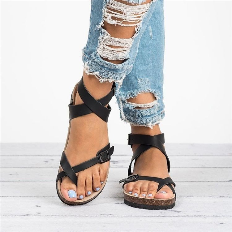wish Amazon 2021 summer European and American plus size sandals soft wood bottom Roman toe strap buckle strap sandals for women