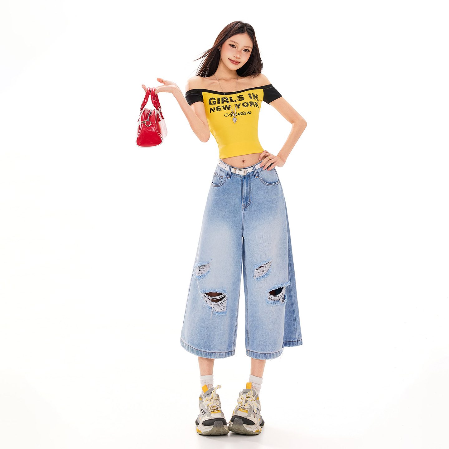 American-Style Ripped Black and Gray Cropped Jeans for Women, 2026 Spring/Summer New Wide-Leg Design, Wide Straight-Leg Mid-Length Pants