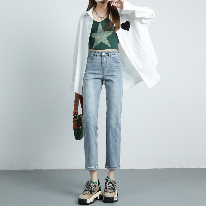 Spring and Autumn main push straight jeans girls high waist slimming French stretch slim fit small cropped pipe pants