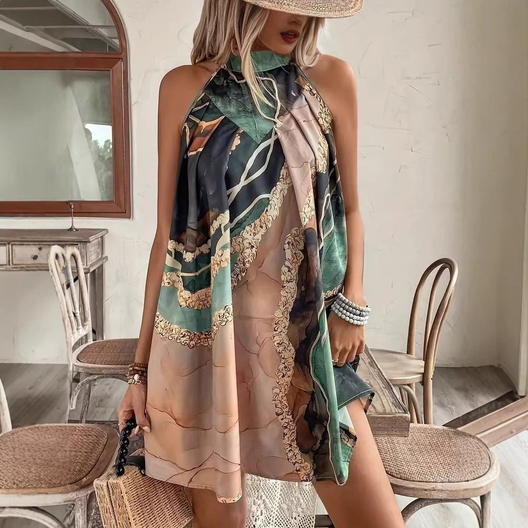 2026 Slim Fit Sleeveless Round Neck Striped Print Sexy Mini Dress with Color-Block Design in European and American Style