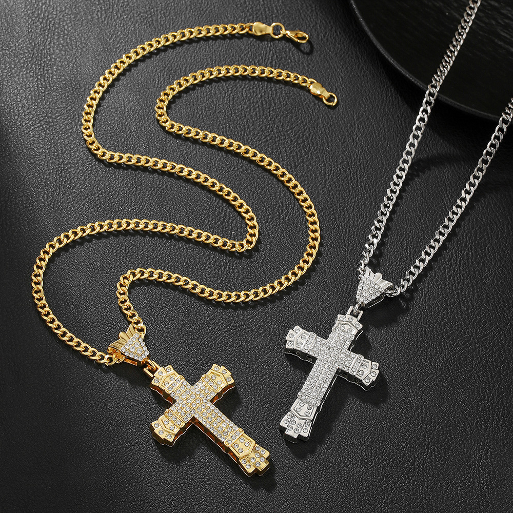 European and American Hip-Hop Full Diamond Retro Hollow Cross Pendant Necklace Diamond Pendant Men's Necklace Gold-Plated Diamond Necklace