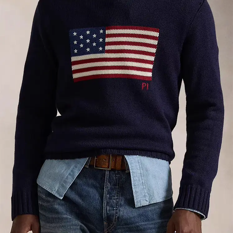 Unisex Classic Loose-Fit Crew Neck Sweater with Star and Flag Print - RL-Inspired Old Money Style Pure Cotton Knit Top