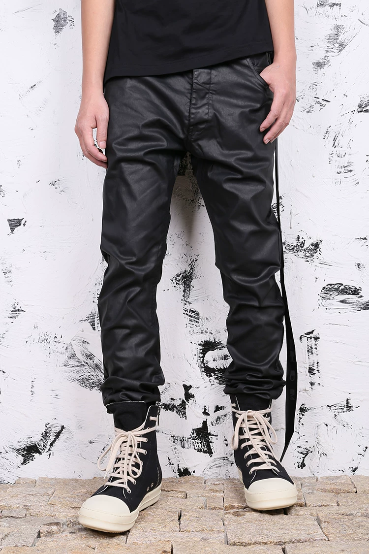 INVISIBLEIVM dark RO coated wax cloth slim fit elastic jeans with ribbons casual pants for men's fashion
