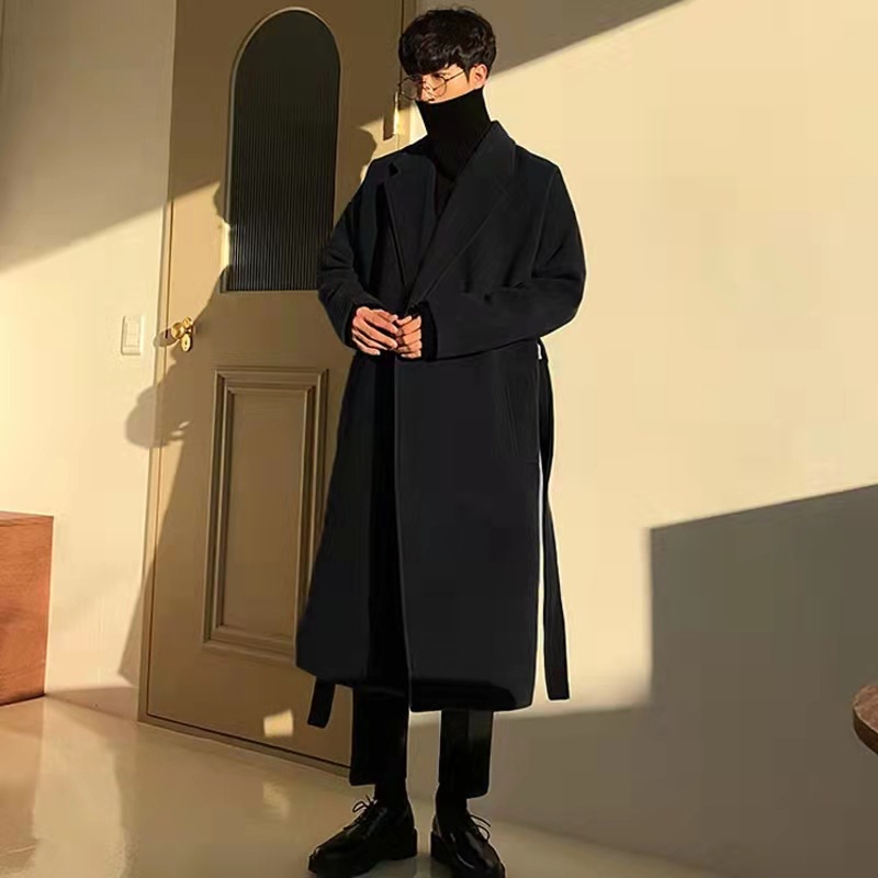 2024 New Men's Woolen Coat Mid-Length Korean Style Trendy Spring & Fall Thickeneded High-End Windbreaker Woolen Jacket