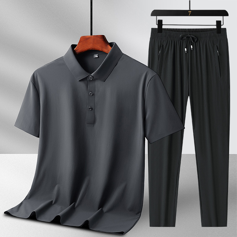 Men's Summer Casual suit Middle-aged Dad's Sports suit Ice Silk Quick-drying Short-sleeved Trendy Two-piece Pants