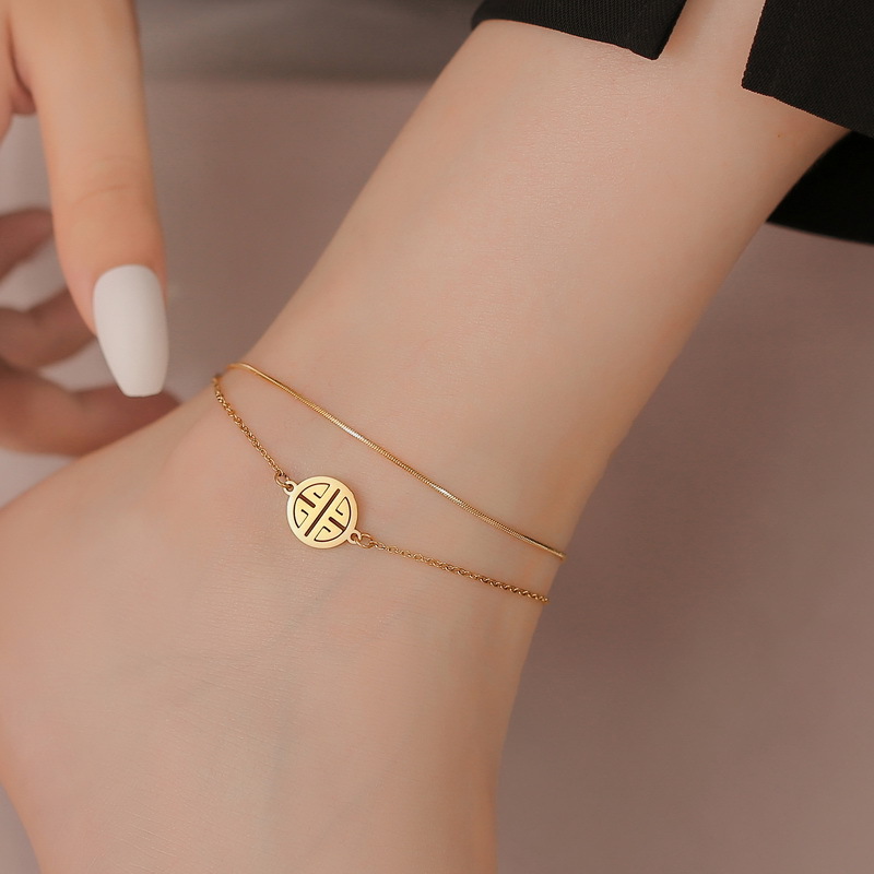 Fuxi word does not drop titanium steel double-layer anklet women's fashion national trend new flow 18K gold plated all-match simple foot jewelry
