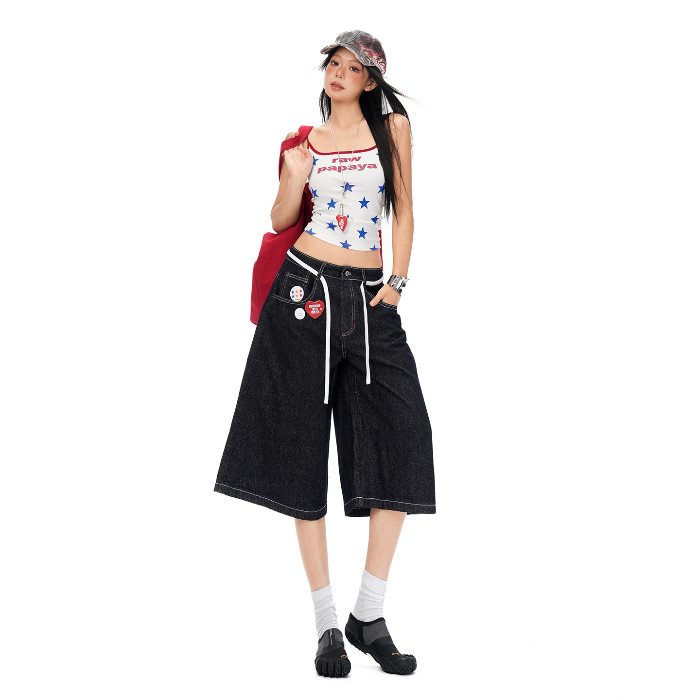 26Th Ootd!｜2026 Summer New American-Style Dark Blue Cropped Jeans, Loose Fit, Slimming Wide-Leg Straight Pants