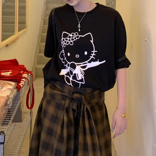 Cool cute ~ Hello cat short sleeve new American fashion brand niche printed loose cotton T-shirt girls summer