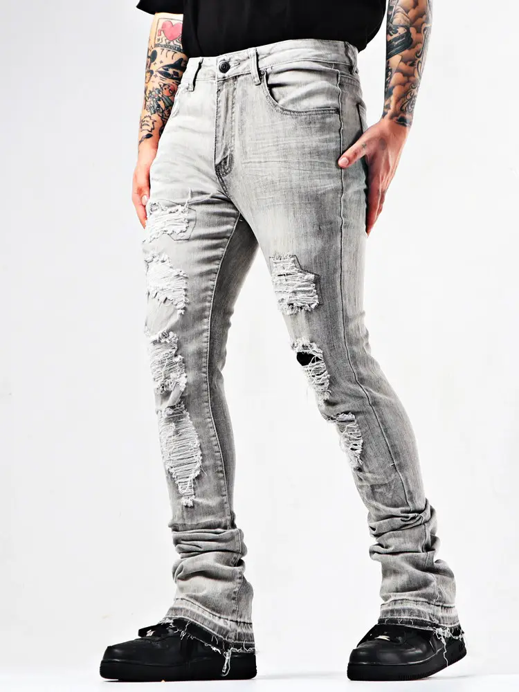 American street hip-hop heavy-duty splicing, cutting, patching, stacking, youth retro washed high elasticity horn jeans