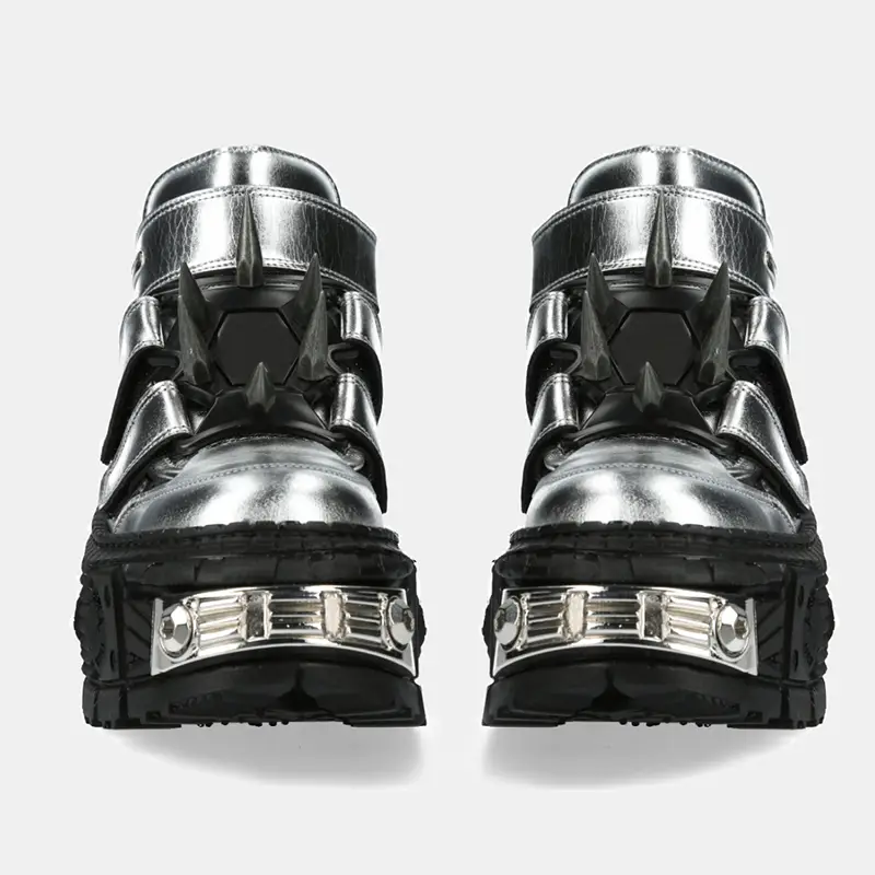 Spain Thick Sole Shoes Dark Space Silver Height Increase Flats Men and Women Punk Metal Rock Trendy Thick Sole High-Top Shoes
