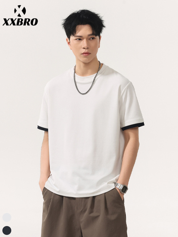 Muxi Clothing # Cool Texture, Skin-Friendly Fabric, New Summer Style Fake Two-Piece Short-Sleeved Men's Loose T-Shirt Ins