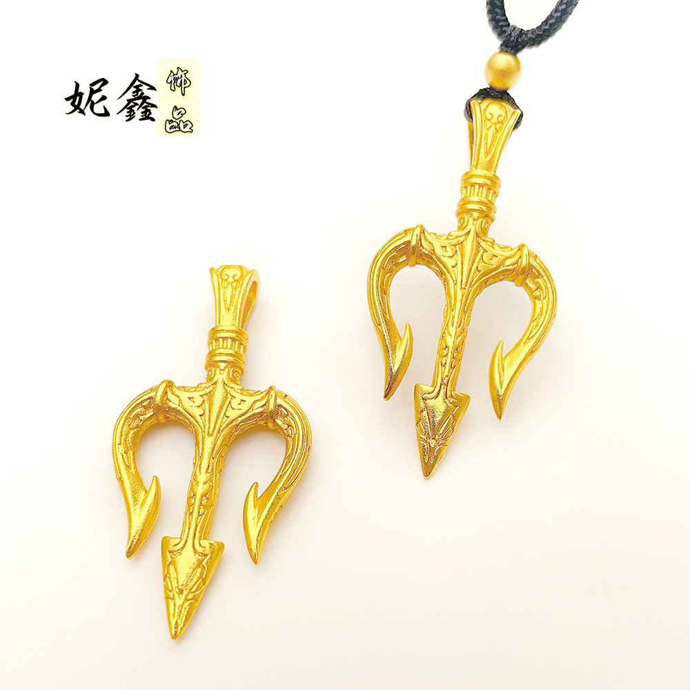 Internet Celebrity Popular Ancient Sand Gold Neptune Trident Necklace Braided Rope Pendant Men's Elegant Accessible Luxury DIY Accessories Wholesale